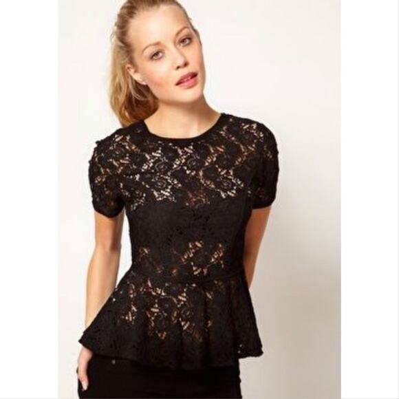 Warehouse Sheer Black Lace Short Sleeve Button-Back Peplum Top Women's Size US 8 - Picture 1 of 7